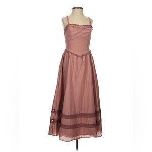 midi dusty rose drees with lace detail and adjustable tie straps